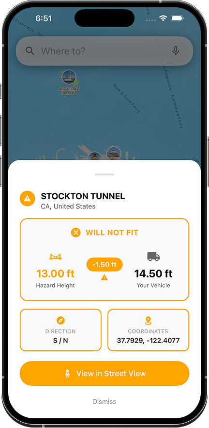HeadRoom hazard detail view showing clearance height and direction