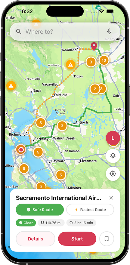 HeadRoom SafeRoute navigation showing safe vs fastest route